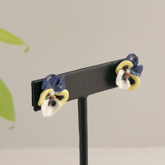 Porcelain Pansy Earrings For Pierced Ears Blue Yellow White Floral Design .75" - Picture 3 of 6